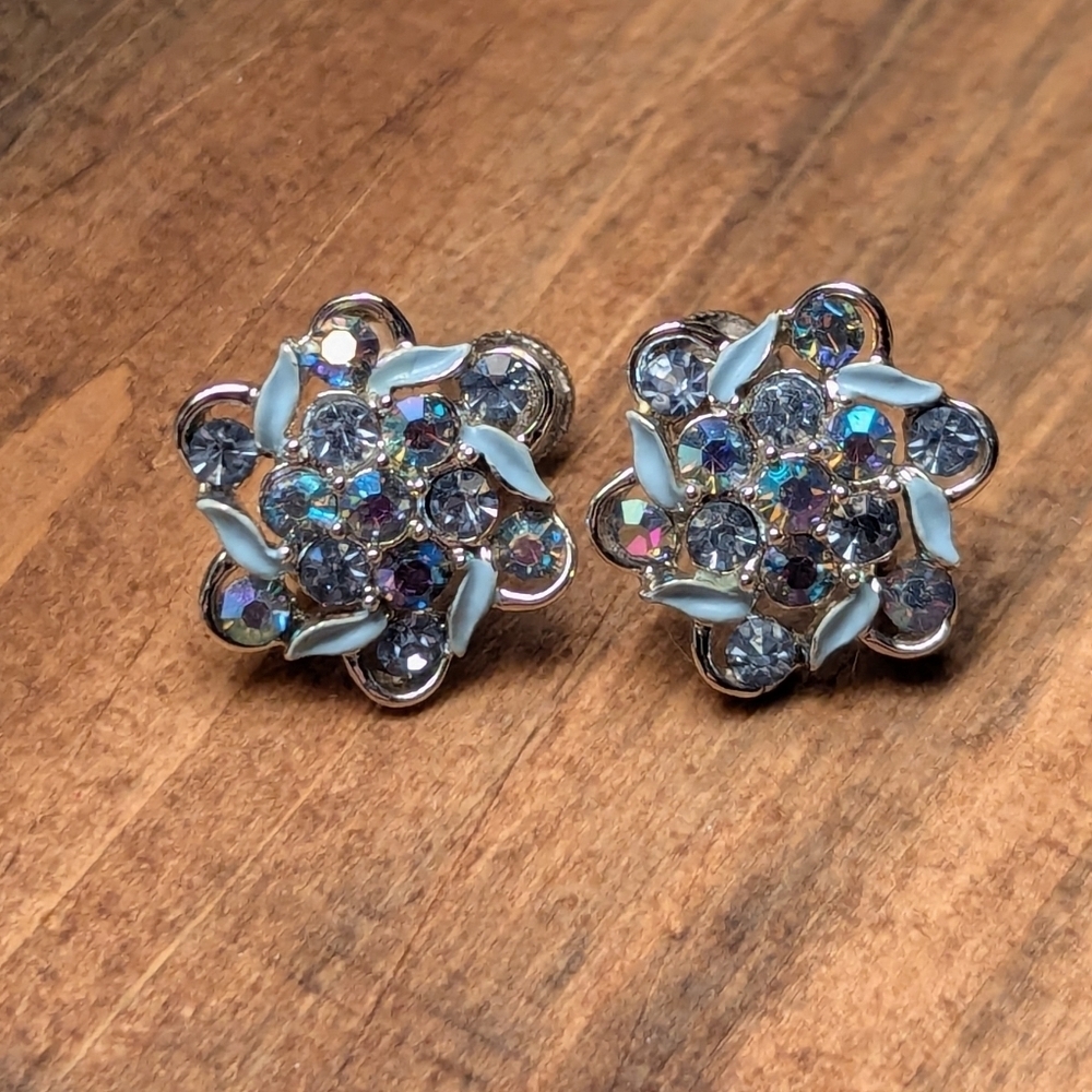 🫧 Longcraft Earrings Blue enamel Vintage Aurora Borealis floral silvertone
